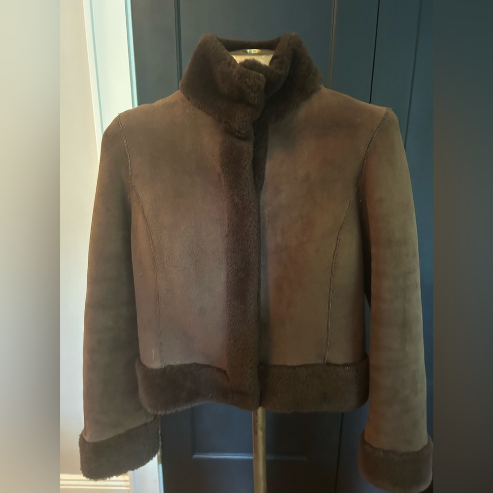 Tory Burch / Bergdorf Goodman chocolate brown suede shearling jacket XS.